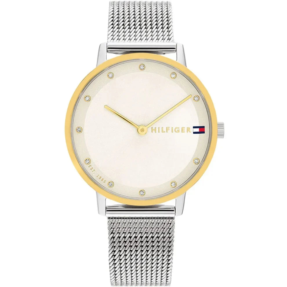 Tommy Hilfiger Pippa 1782667 Silver Mesh White Dial Gold Bezel Women's Watch
