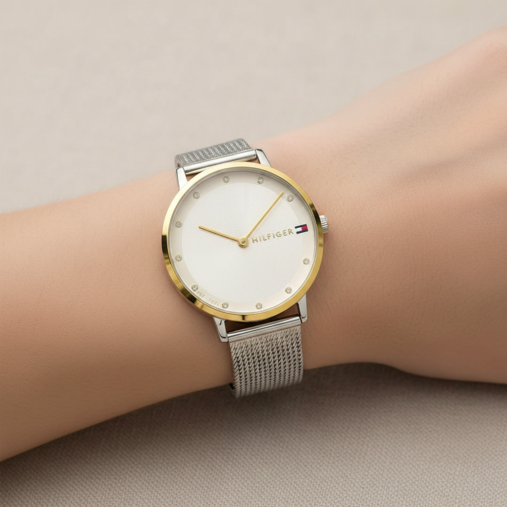 Tommy Hilfiger Pippa 1782667 Silver Mesh White Dial Gold Bezel Women's Watch