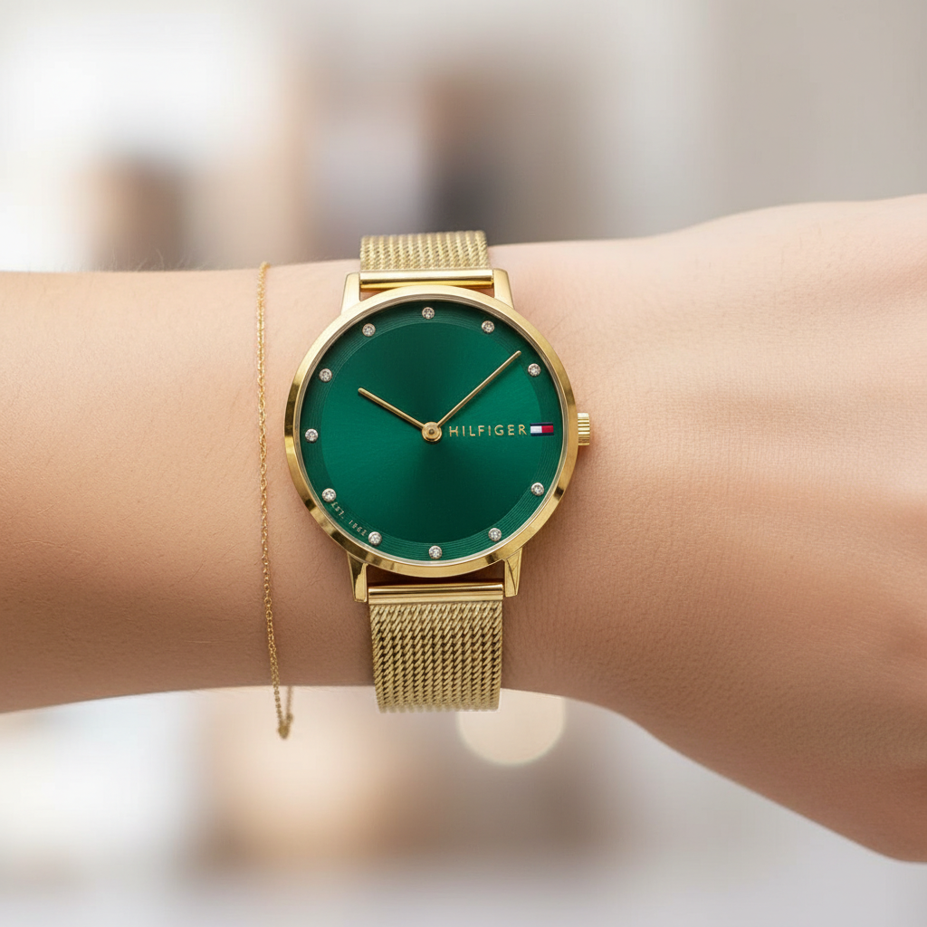 Tommy Hilfiger Pippa 1782668 Gold Case Green Dial Mesh Women's Watch