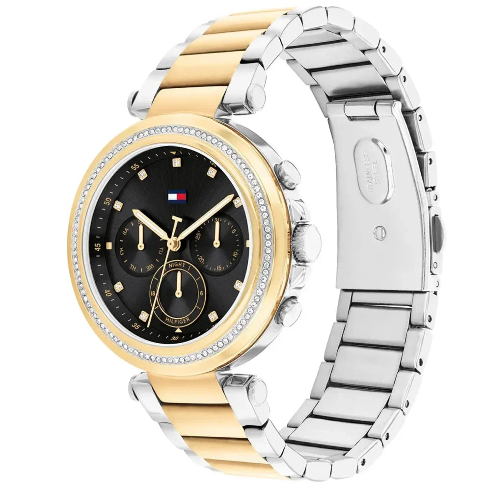 Tommy Hilfiger Emily 1782702 Two-Tone Gold & Silver Black Dial Crystal Bezel Women's Watch