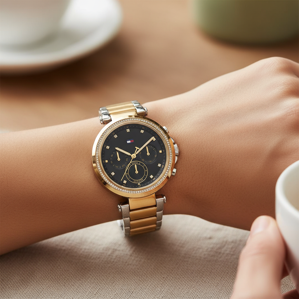 Tommy Hilfiger Emily 1782702 Two-Tone Gold & Silver Black Dial Crystal Bezel Women's Watch