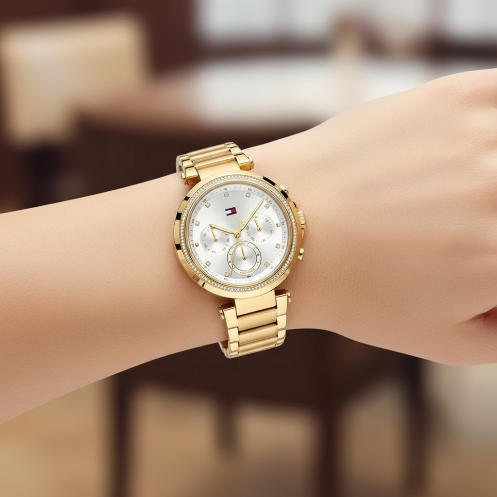 Tommy Hilfiger Emily 1782703 Gold Case Silver Dial Crystal Bezel Women's Watch