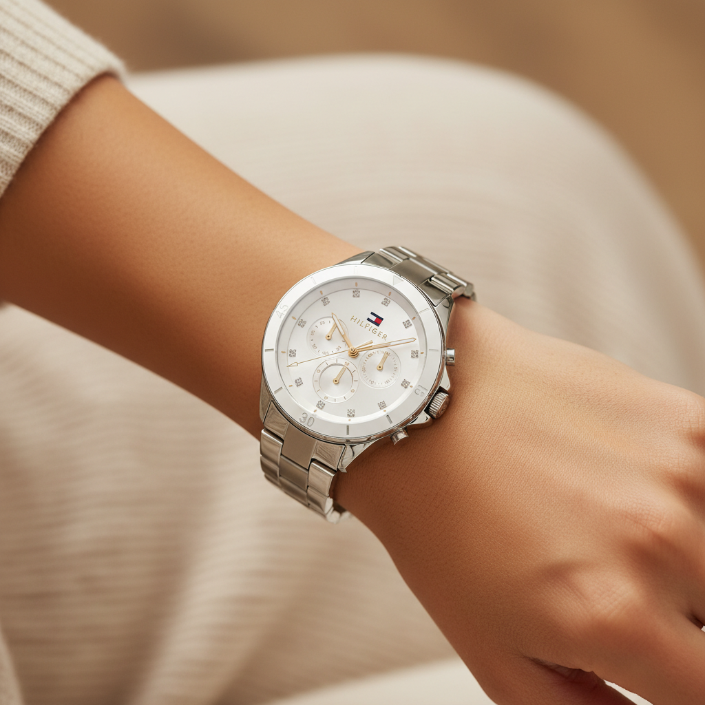 Tommy Hilfiger Mellie 1782707 Women's Silver Steel Watch with White Ceramic Bezel