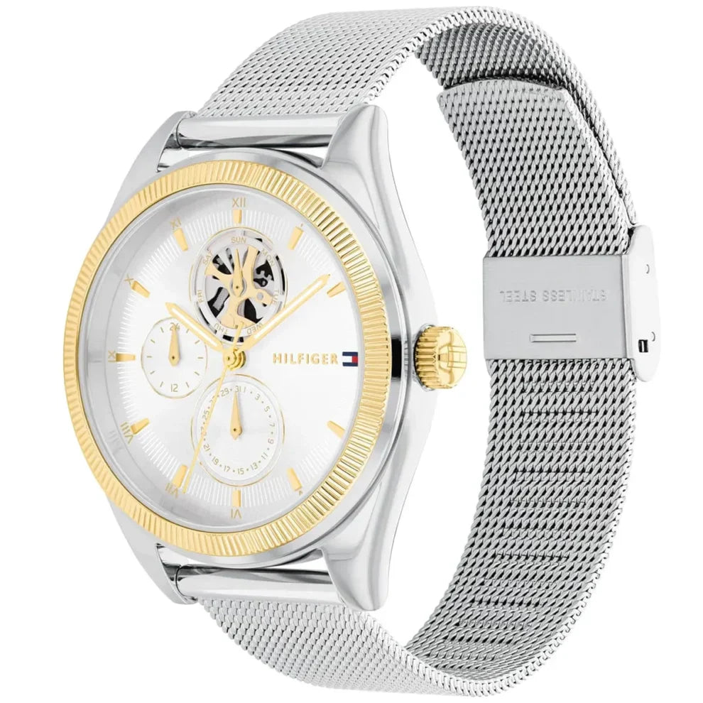Tommy Hilfiger Monica 1782713 Silver Mesh Skeleton Dial Fluted Bezel Women's Watch