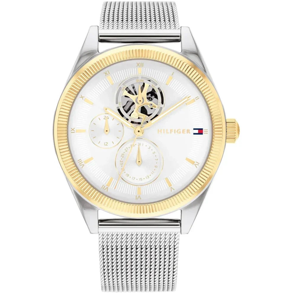 Tommy Hilfiger Monica 1782713 Silver Mesh Skeleton Dial Fluted Bezel Women's Watch