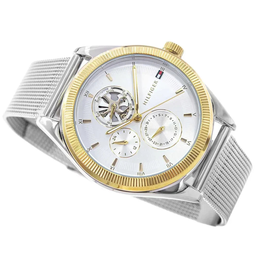 Tommy Hilfiger Monica 1782713 Silver Mesh Skeleton Dial Fluted Bezel Women's Watch