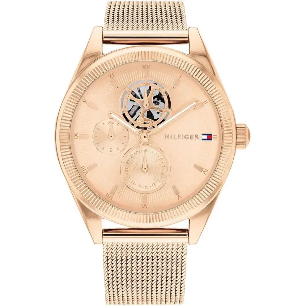 Tommy Hilfiger Monica 1782715 Rose Gold Semi-Skeleton Dial Fluted Bezel Women's Watch