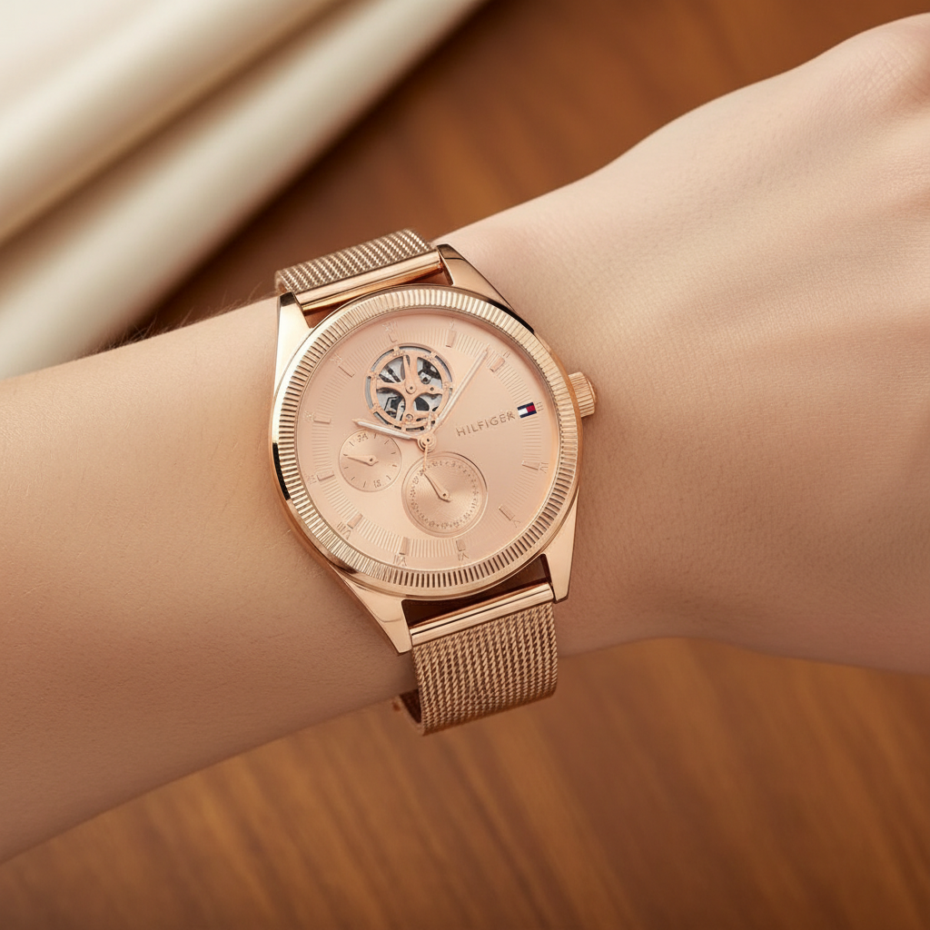 Tommy Hilfiger Monica 1782715 Rose Gold Semi-Skeleton Dial Fluted Bezel Women's Watch