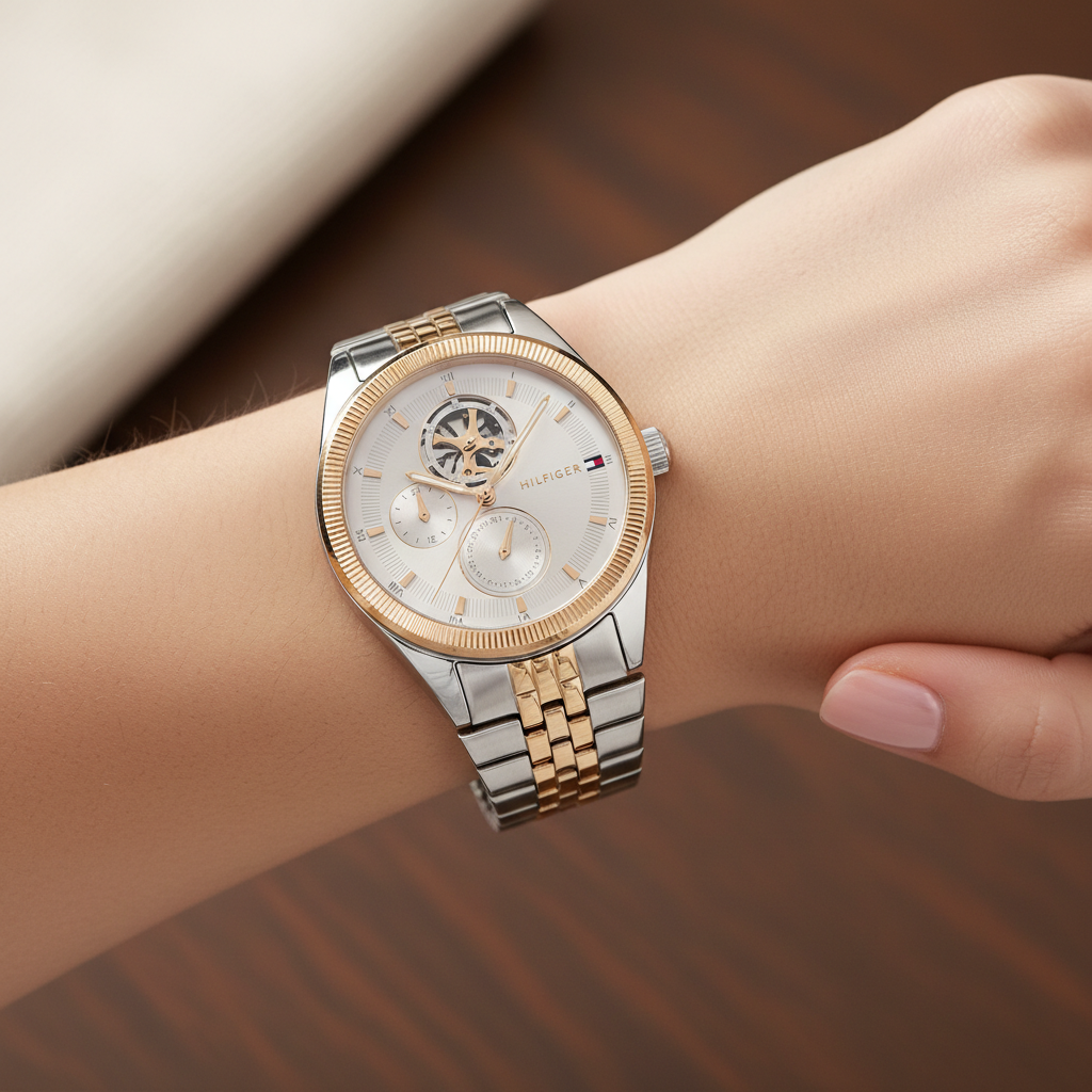 Tommy Hilfiger Monica 1782716 Two-Tone Skeleton Dial Fluted Bezel Women's Watch