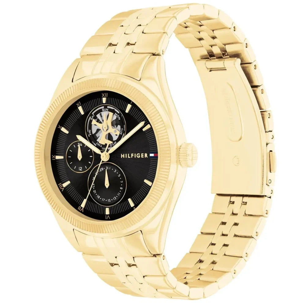 Tommy Hilfiger Monica 1782717 Gold Case Black Skeleton Dial Fluted Bezel Women's Watch