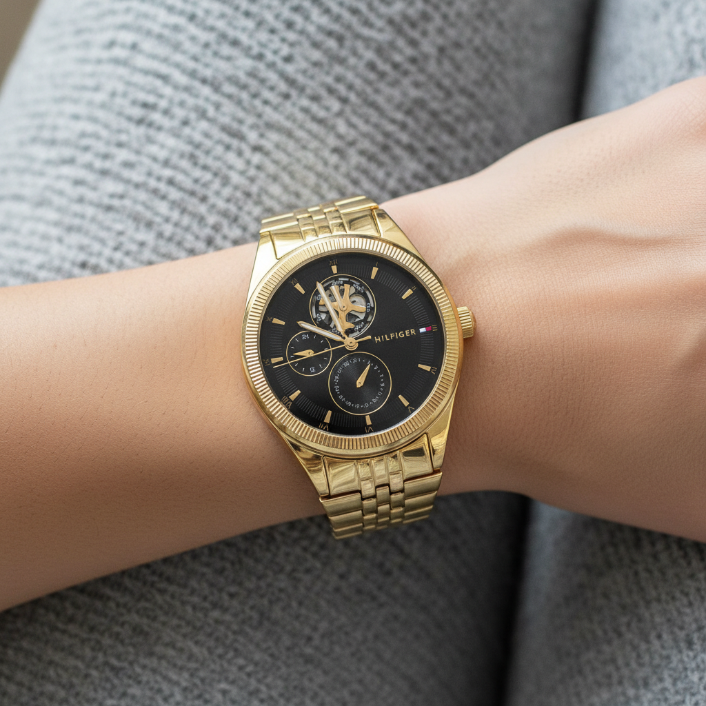 Tommy Hilfiger Monica 1782717 Gold Case Black Skeleton Dial Fluted Bezel Women's Watch