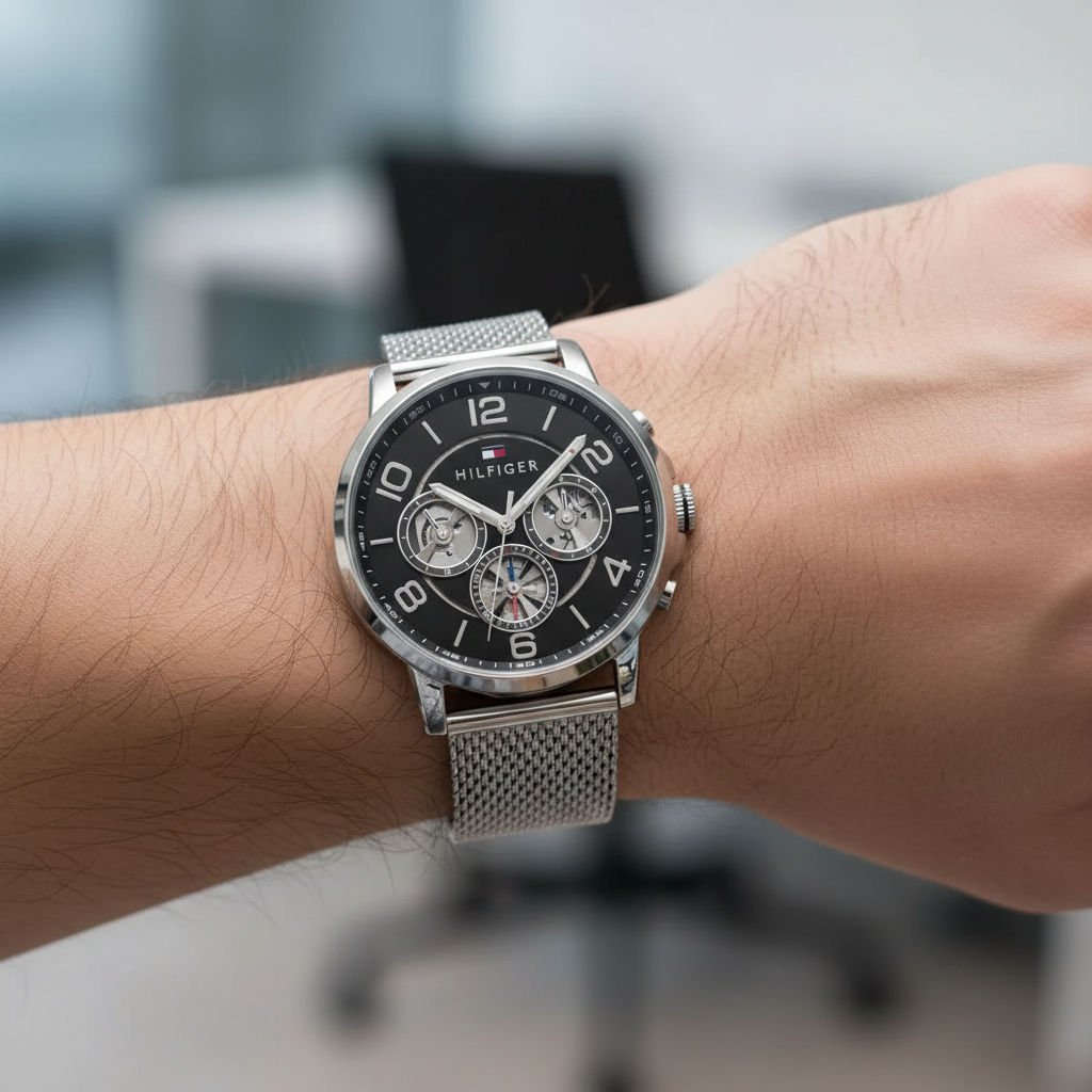 Tommy Hilfiger Keagan 1791292 Silver Mesh Black Dial Skeleton Men's Watch