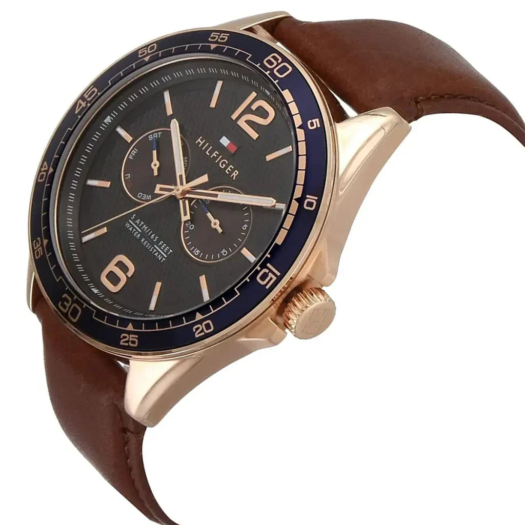 Tommy Hilfiger Erik 1791367 Rose Gold Case Brown Dial Blue Bezel Leather Men's Watch