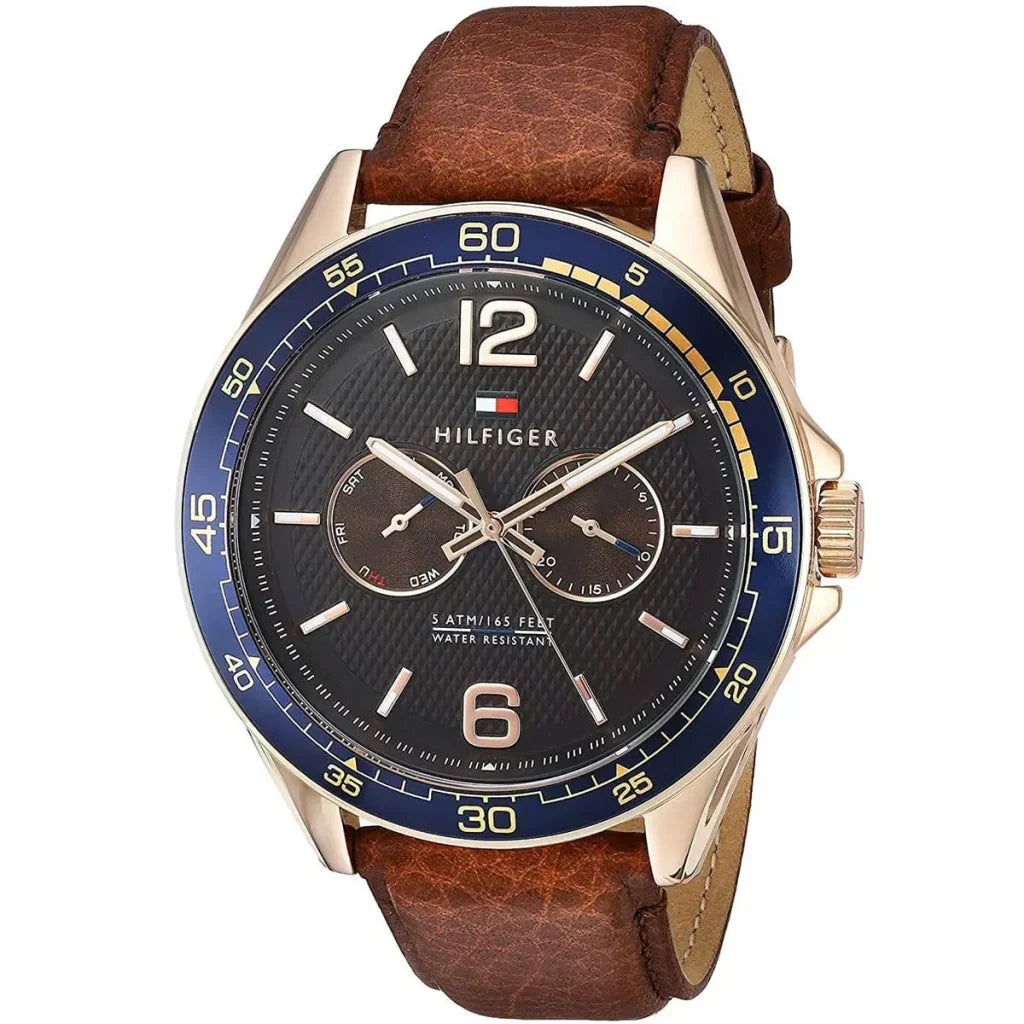 Tommy Hilfiger Erik 1791367 Rose Gold Case Brown Dial Blue Bezel Leather Men's Watch