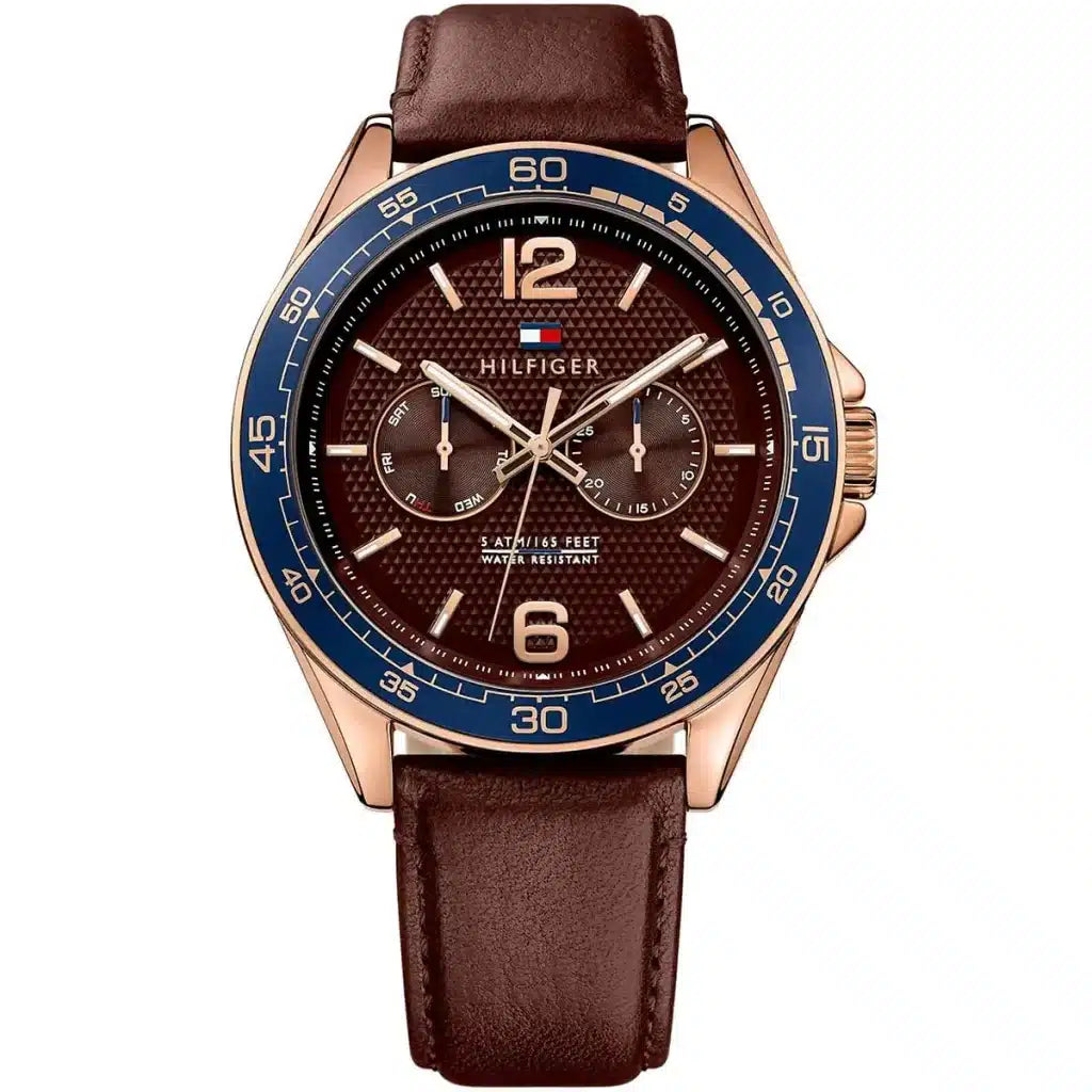 Tommy Hilfiger Erik 1791367 Rose Gold Case Brown Dial Blue Bezel Leather Men's Watch