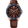 Tommy Hilfiger Erik 1791367 Rose Gold Case Brown Dial Blue Bezel Leather Men's Watch
