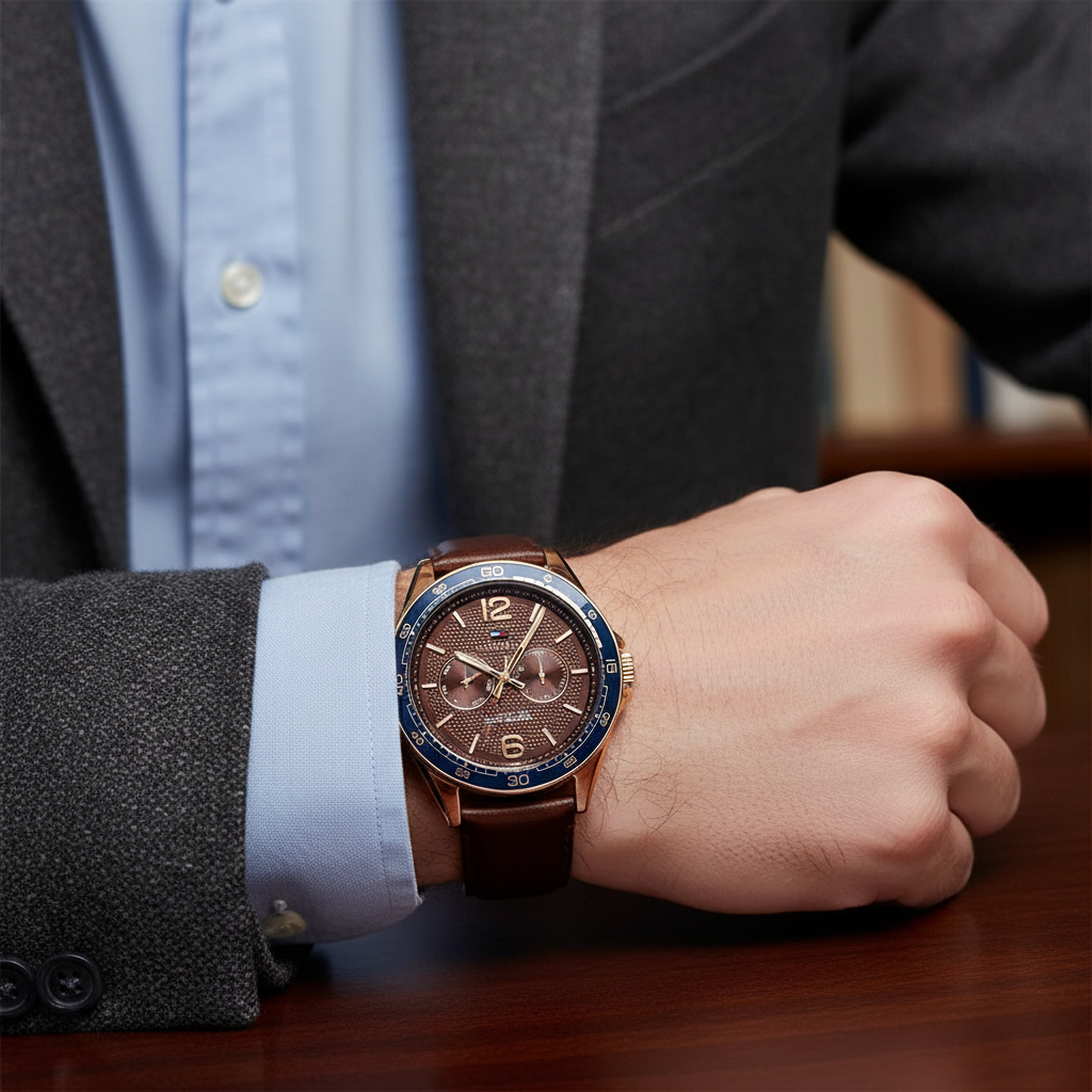 Tommy Hilfiger Erik 1791367 Rose Gold Case Brown Dial Blue Bezel Leather Men's Watch