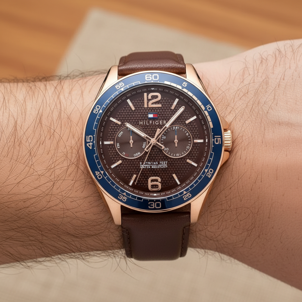 Tommy Hilfiger Erik 1791367 Rose Gold Case Brown Dial Blue Bezel Leather Men's Watch