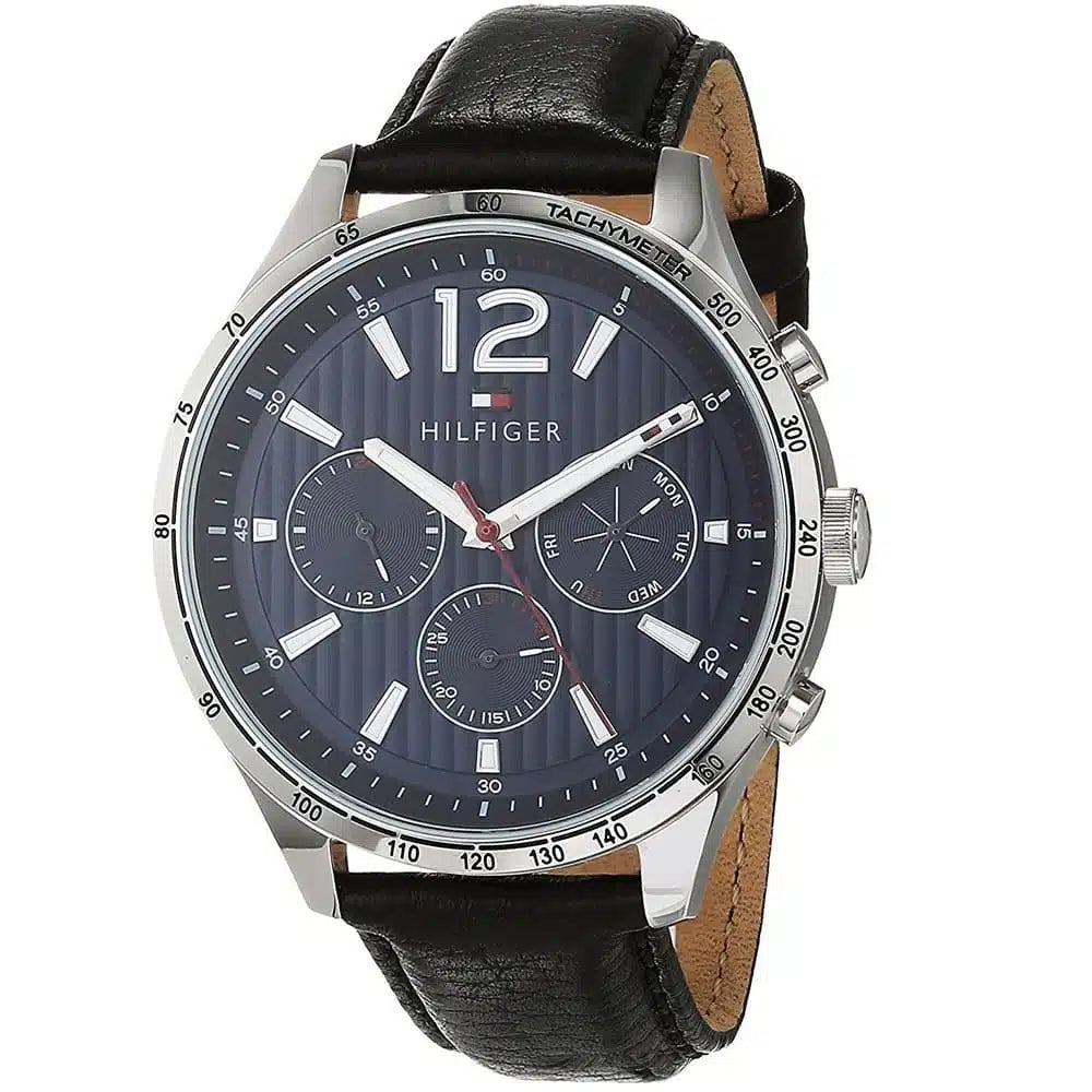 Tommy Hilfiger Gavin 1791468 Silver Case Blue Dial Black Leather Men's Watch