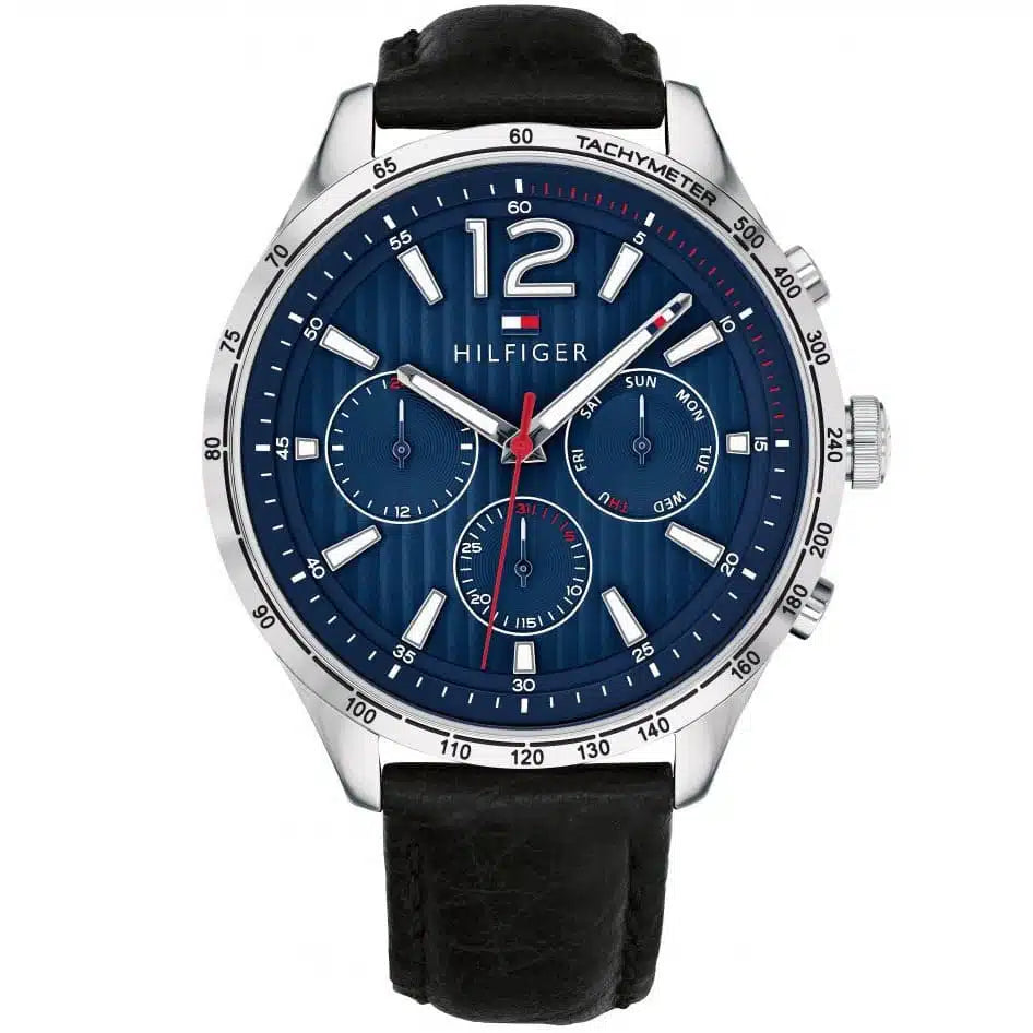 Tommy Hilfiger Gavin 1791468 Silver Case Blue Dial Black Leather Men's Watch