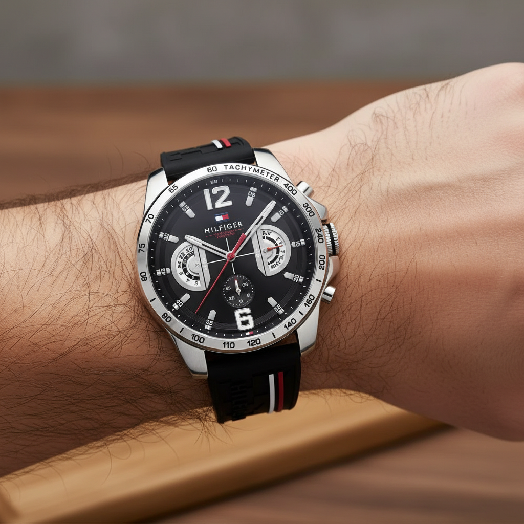 Tommy Hilfiger Decker 1791473 Silver Case Black Dial Silicone Men's Watch