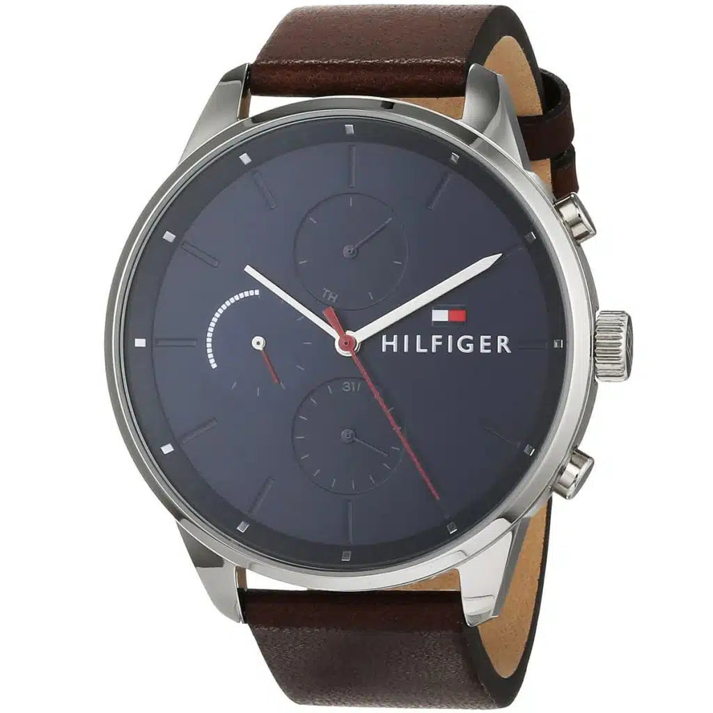 Tommy Hilfiger Chase 1791487 Silver Case Blue Dial Brown Leather Men's Watch