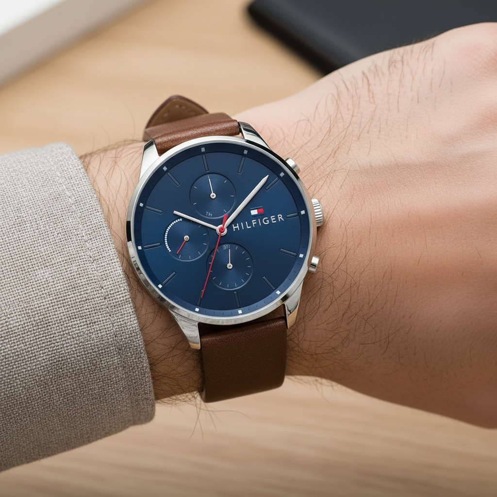 Tommy Hilfiger Chase 1791487 Silver Case Blue Dial Brown Leather Men's Watch