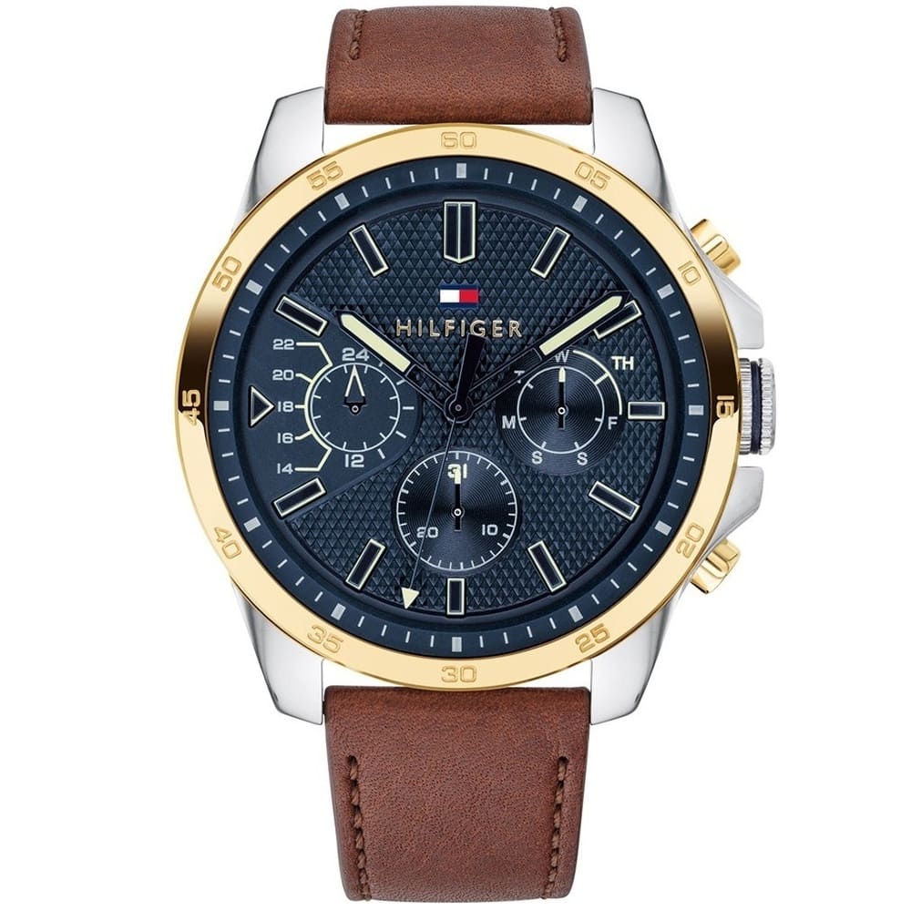 Tommy Hilfiger Decker 1791561 Silver/Gold Case Blue Dial Brown Leather Men's Watch
