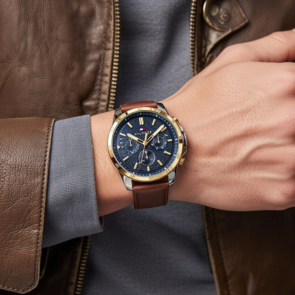 Tommy Hilfiger Decker 1791561 Silver/Gold Case Blue Dial Brown Leather Men's Watch