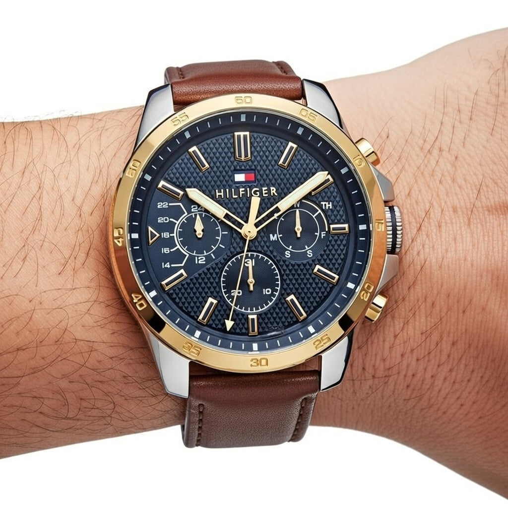 Tommy Hilfiger Decker 1791561 Silver/Gold Case Blue Dial Brown Leather Men's Watch