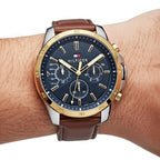Tommy Hilfiger Decker 1791561 Silver/Gold Case Blue Dial Brown Leather Men's Watch