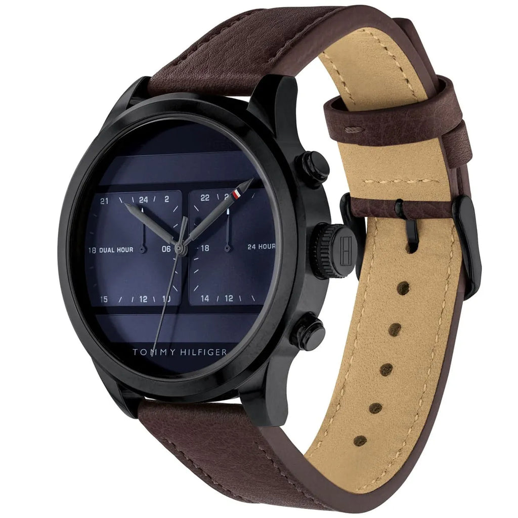Tommy Hilfiger Icon 1791593 Black Case Blue Dual-Time Dial Brown Leather Men's Watch