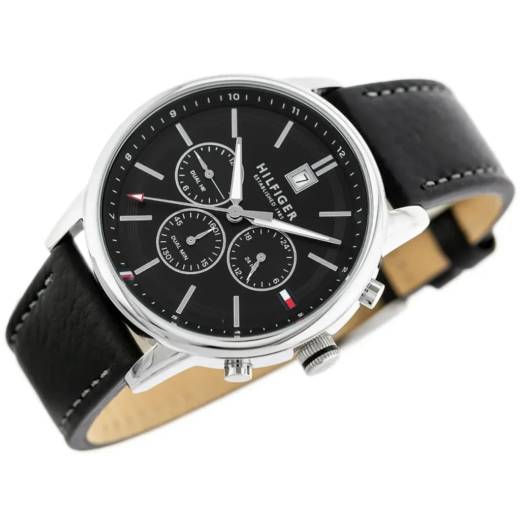 Tommy Hilfiger Kyle 1791630 Silver Case Black Dial Black Leather Men's Watch