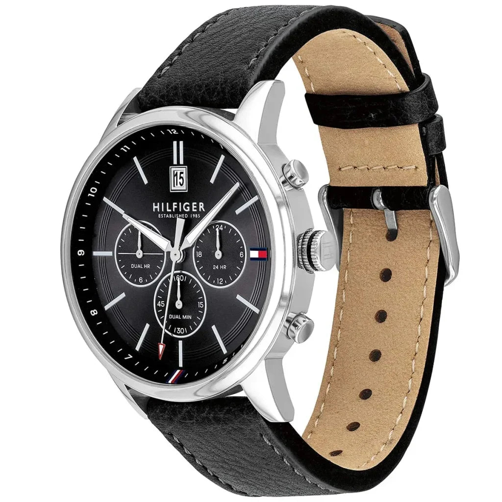 Tommy Hilfiger Kyle 1791630 Silver Case Black Dial Black Leather Men's Watch