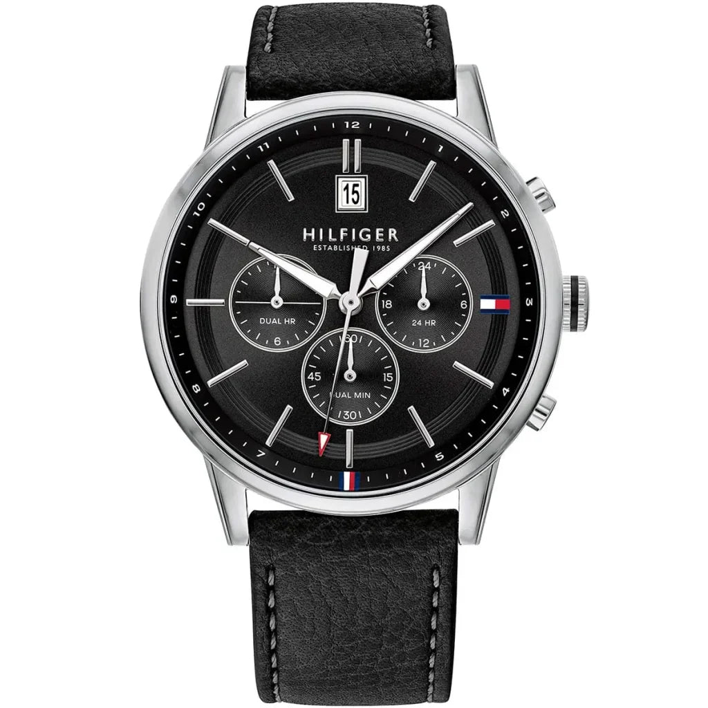 Tommy Hilfiger Kyle 1791630 Silver Case Black Dial Black Leather Men's Watch