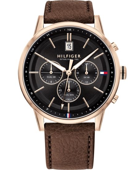 Tommy Hilfiger Kyle 1791631 Rose Gold Case Black Dial Brown Leather Men's Watch