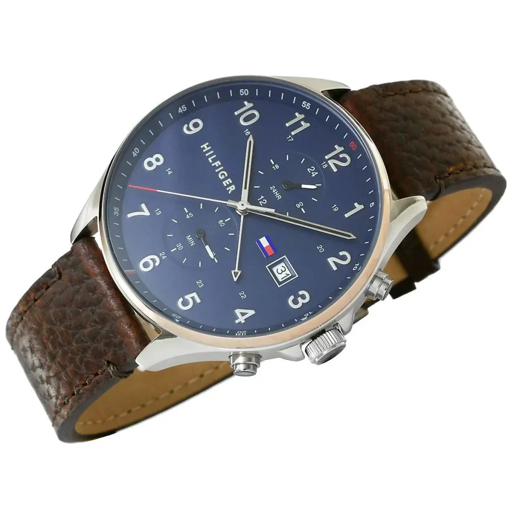Tommy Hilfiger West 1791712 Silver Case Blue Dial Brown Leather Men's Watch