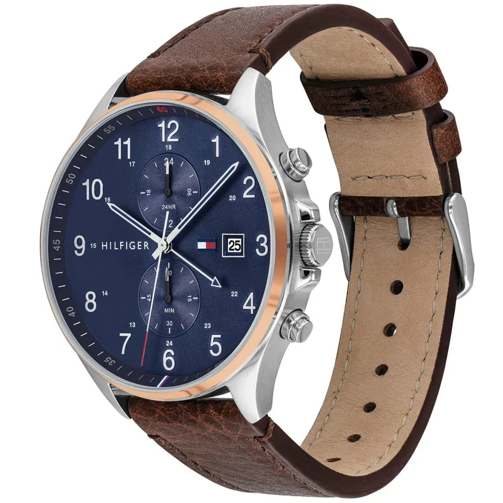 Tommy Hilfiger West 1791712 Silver Case Blue Dial Brown Leather Men's Watch