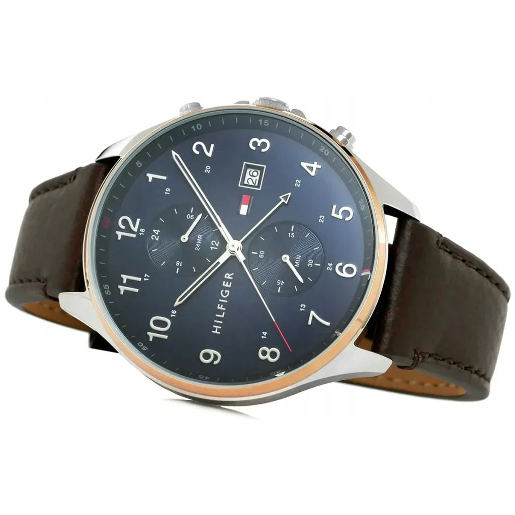 Tommy Hilfiger West 1791712 Silver Case Blue Dial Brown Leather Men's Watch