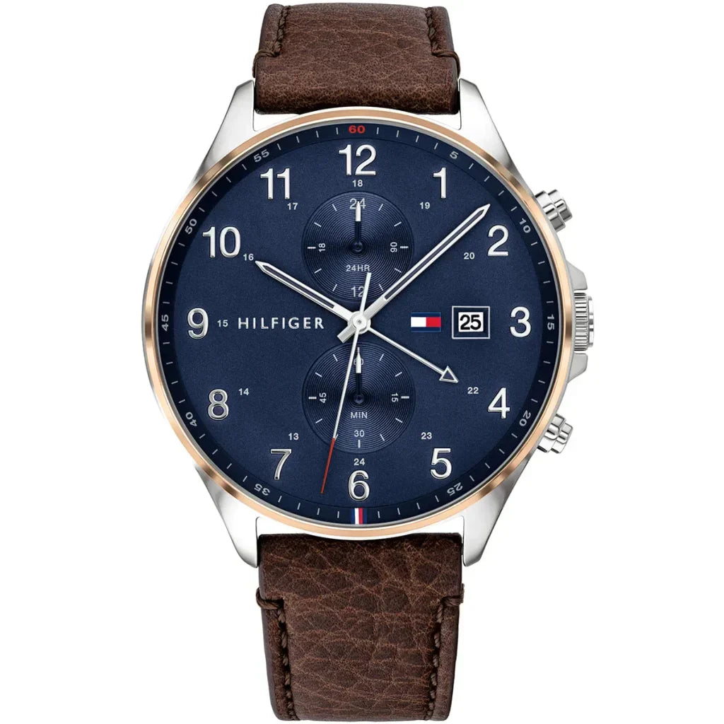 Tommy Hilfiger West 1791712 Silver Case Blue Dial Brown Leather Men's Watch