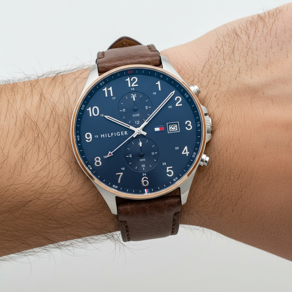 Tommy Hilfiger West 1791712 Silver Case Blue Dial Brown Leather Men's Watch