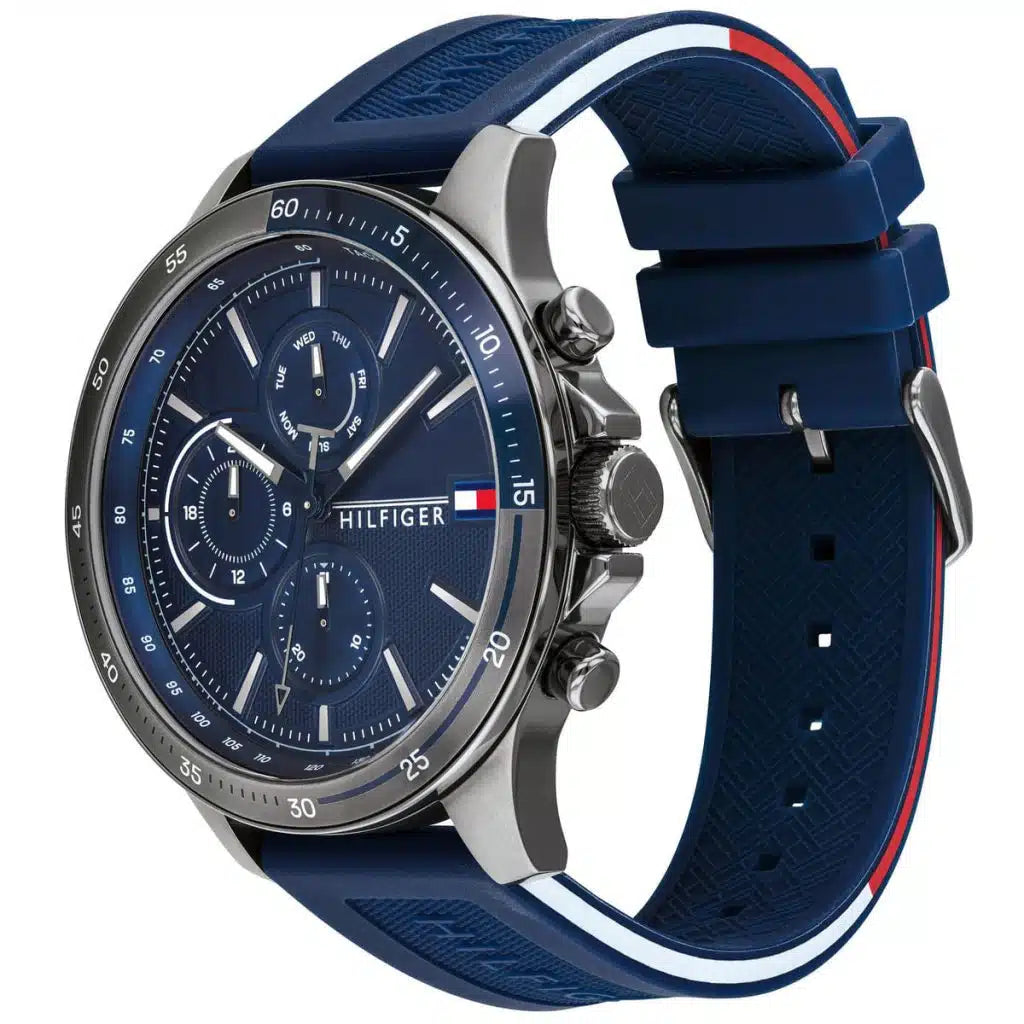 Tommy Hilfiger Bank 1791721 Gunmetal Case Blue Dial Blue Silicone Men's Watch