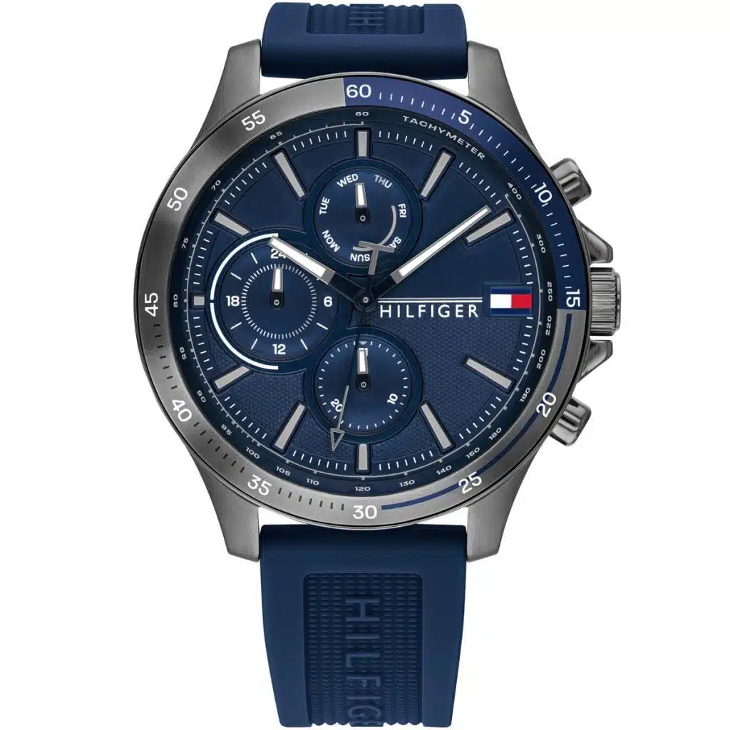 Tommy Hilfiger Bank 1791721 Gunmetal Case Blue Dial Blue Silicone Men's Watch