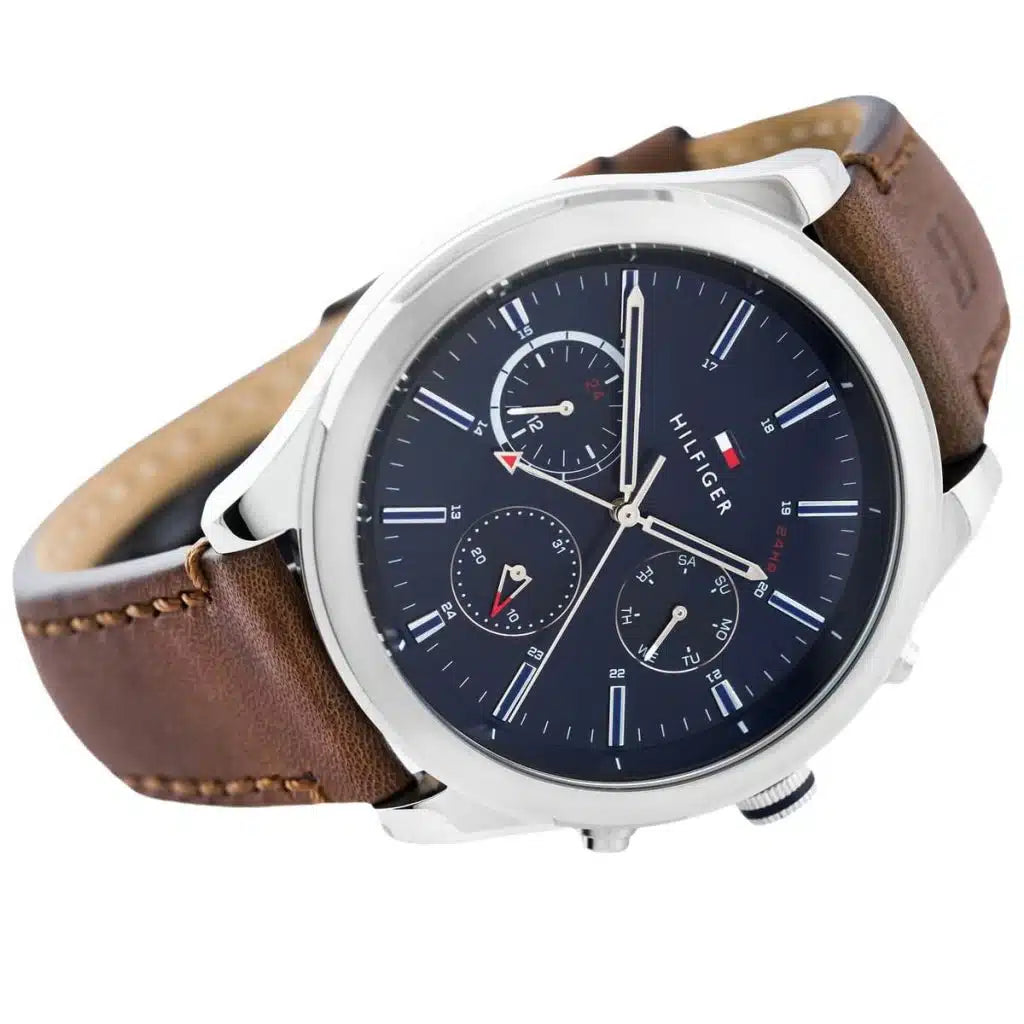 Tommy Hilfiger Ashton 1791741 Silver Case Blue Dial Brown Leather Men's Watch