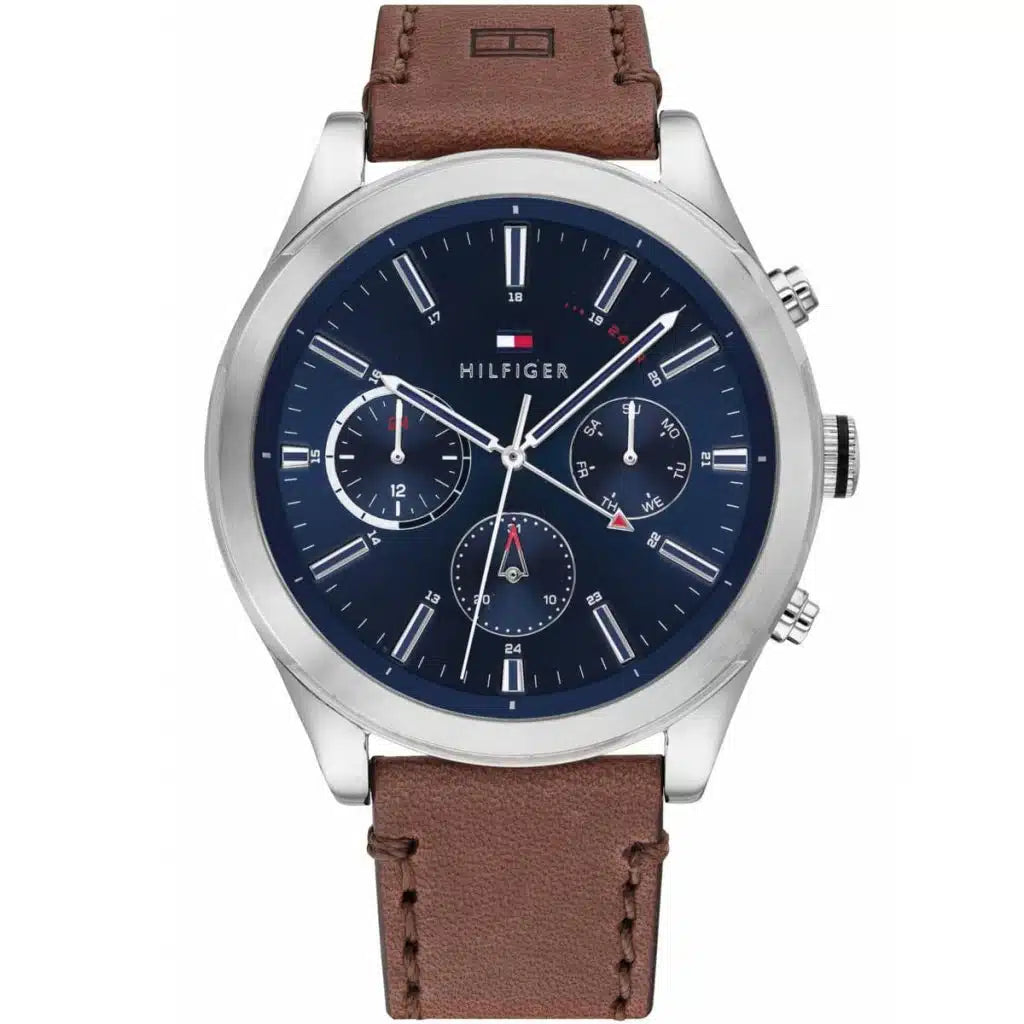 Tommy Hilfiger Ashton 1791741 Silver Case Blue Dial Brown Leather Men's Watch