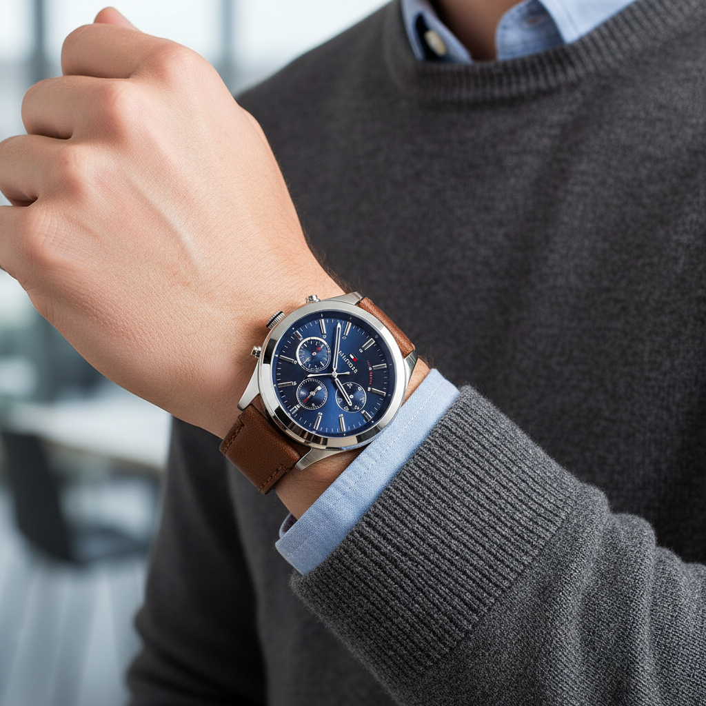 Tommy Hilfiger Ashton 1791741 Silver Case Blue Dial Brown Leather Men's Watch