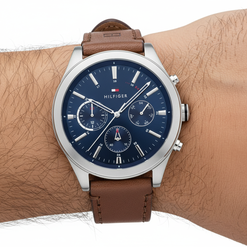 Tommy Hilfiger Ashton 1791741 Silver Case Blue Dial Brown Leather Men's Watch