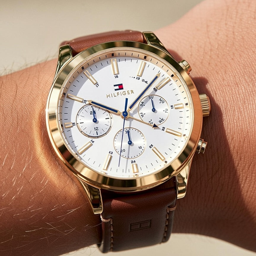 Tommy Hilfiger Ashton 1791742 Gold Case White Dial Light Brown Leather Men's Watch