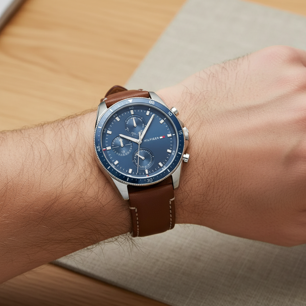Tommy Hilfiger Aiden 1791837 Multi-Function Blue Dial Men's Brown Leather Watch