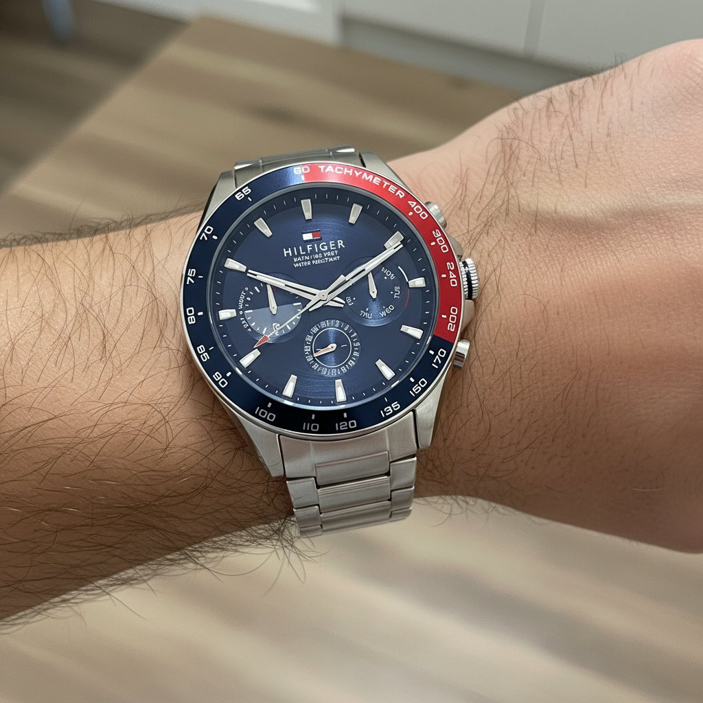 Tommy Hilfiger Owen 1791968 Men's Silver Steel Watch with Blue Dial & Pepsi Bezel